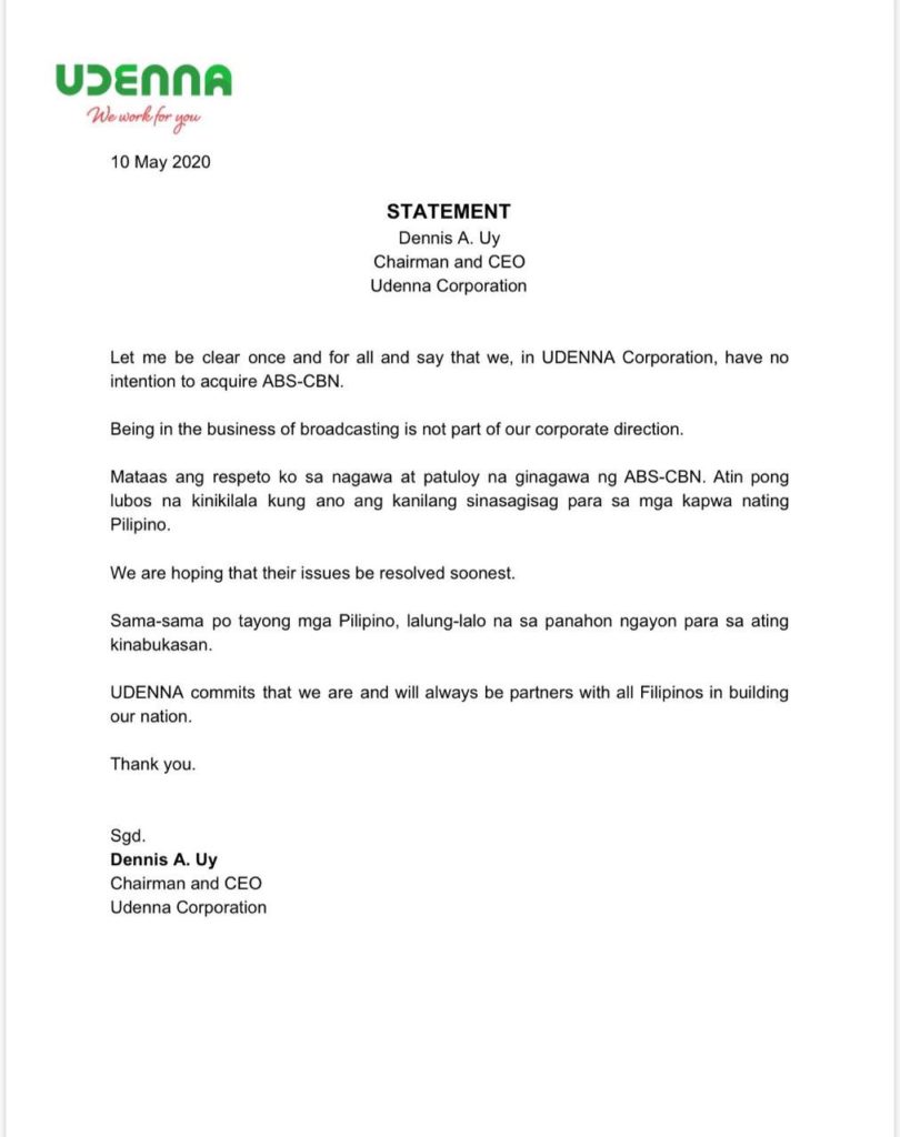 Dennis Uy Statement :“Let me be clear, we have NO intention to acquire ABS-CBN”. 2 acquire ABS-CBN